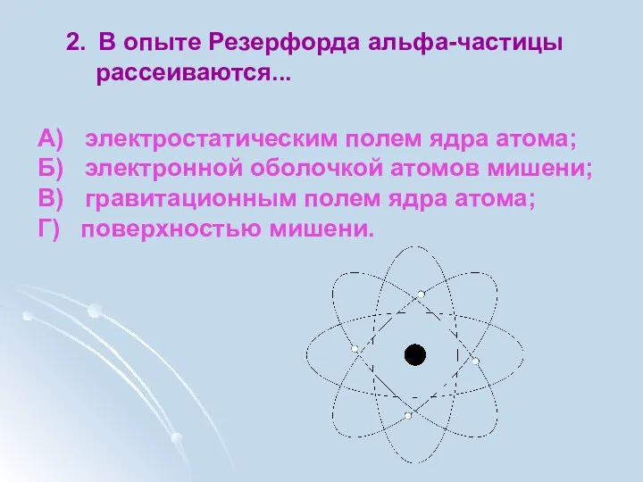 В опыте Резерфорда альфа-частицы рассеиваются... А) электростатическим полем ядра атома;
