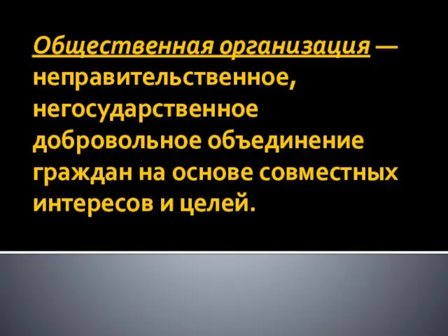 Общественная организация — неправительственное, негосударственное добровольное объединение граждан на основе совместных интересов и целей.