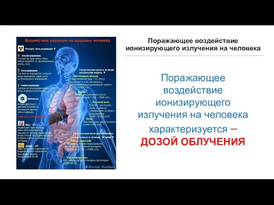 Поражающее воздействие ионизирующего излучения на человека Поражающее воздействие ионизирующего излучения на человека характеризуется – ДОЗОЙ ОБЛУЧЕНИЯ