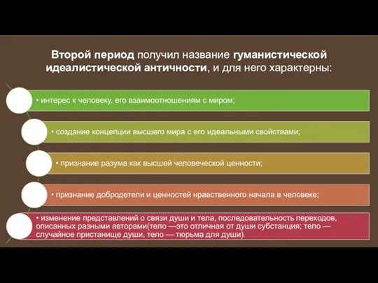 Второй период получил название гуманистической идеалистической античности, и для него характерны: