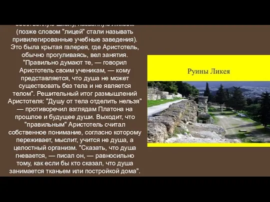 На окраине Афин Аристотель создал собственную школу, названную Ликеем (позже