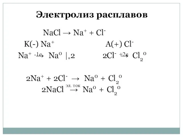 Электролиз расплавов NaCl → Na+ + Cl- K(-) Na+ A(+)