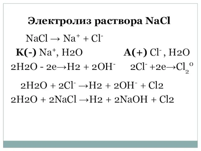 NaCl → Na+ + Cl- K(-) Na+, Н2О A(+) Cl-