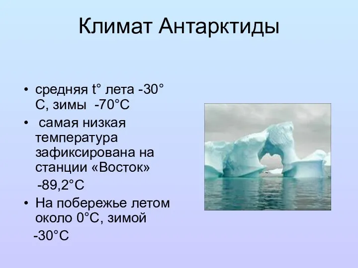 Климат Антарктиды средняя t° лета -30°С, зимы -70°С самая низкая
