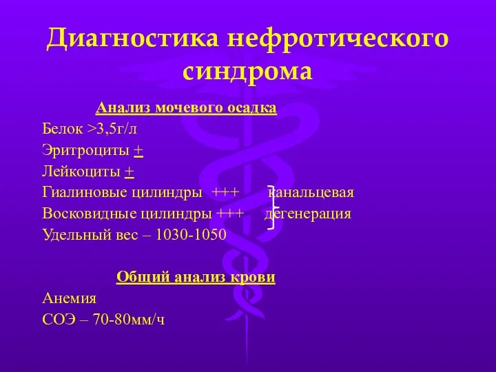 Диагностика нефротического синдрома Анализ мочевого осадка Белок >3,5г/л Эритроциты +