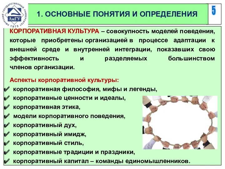 5 1. ОСНОВНЫЕ ПОНЯТИЯ И ОПРЕДЕЛЕНИЯ КОРПОРАТИВНАЯ КУЛЬТУРА – совокупность