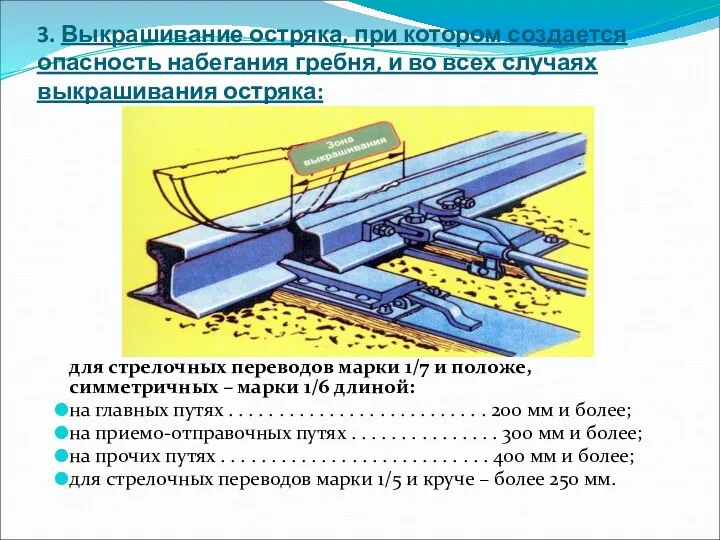 3. Выкрашивание остряка, при котором создается опасность набегания гребня, и