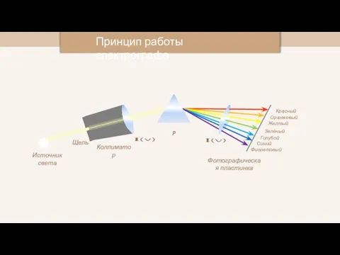 Принцип работы спектрографа Источник света Щель P Фотографическая пластинка Красный Оранжевый Желтый Зелёный