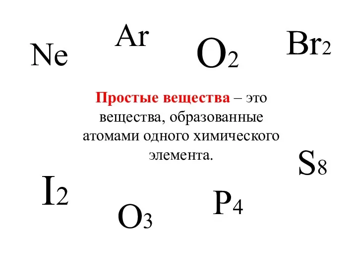 Простые вещества – это вещества, образованные атомами одного химического элемента.