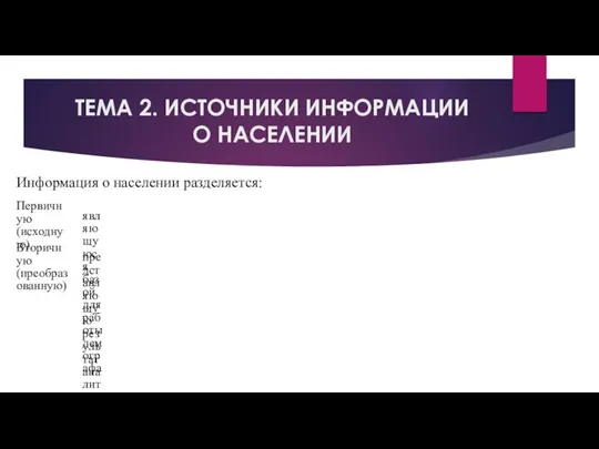 ТЕМА 2. ИСТОЧНИКИ ИНФОРМАЦИИ О НАСЕЛЕНИИ Первичную (исходную) являющуюся базой