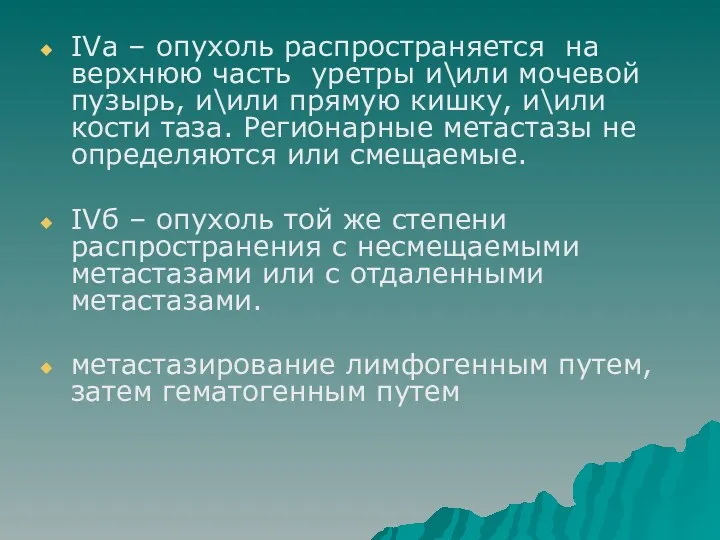 IVа – опухоль распространяется на верхнюю часть уретры и\или мочевой