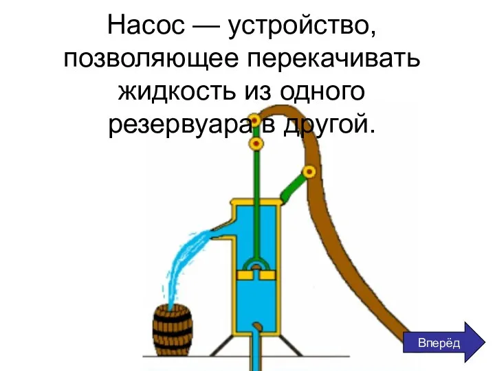 Насос — устройство, позволяющее перекачивать жидкость из одного резервуара в другой. Вперёд