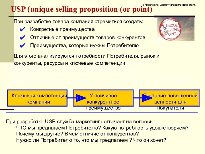 USP (unique selling proposition (or point) При разработке товара компания стремиться создать: Конкретные