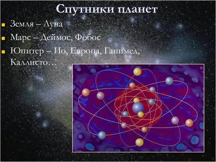 Спутники планет Земля – Луна Марс – Деймос, Фобос Юпитер – Ио, Европа, Ганимед, Каллисто…