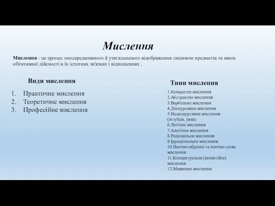 Мислення Мислення - це процес опосередкованого й узагальненого відображення людиною