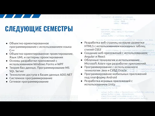 СЛЕДУЮЩИЕ СЕМЕСТРЫ Объектно-ориентированное программирование с использованием языка C++ Объектно-ориентированное проектирование.Язык