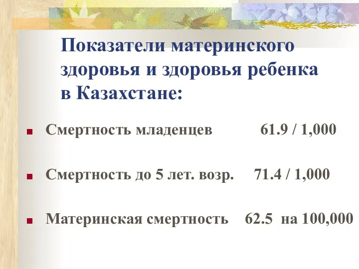 Показатели материнского здоровья и здоровья ребенка в Казахстане: Смертность младенцев 61.9 / 1,000