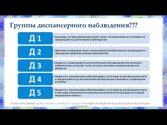 Группы диспансерного наблюдения??? ПРИКАЗ МИНЗДРАВА СССР ОТ 30.05.86 N 770