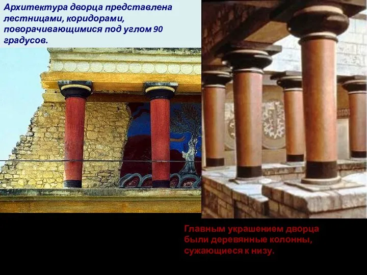 Главным украшением дворца были деревянные колонны, сужающиеся к низу. Архитектура дворца представлена лестницами,
