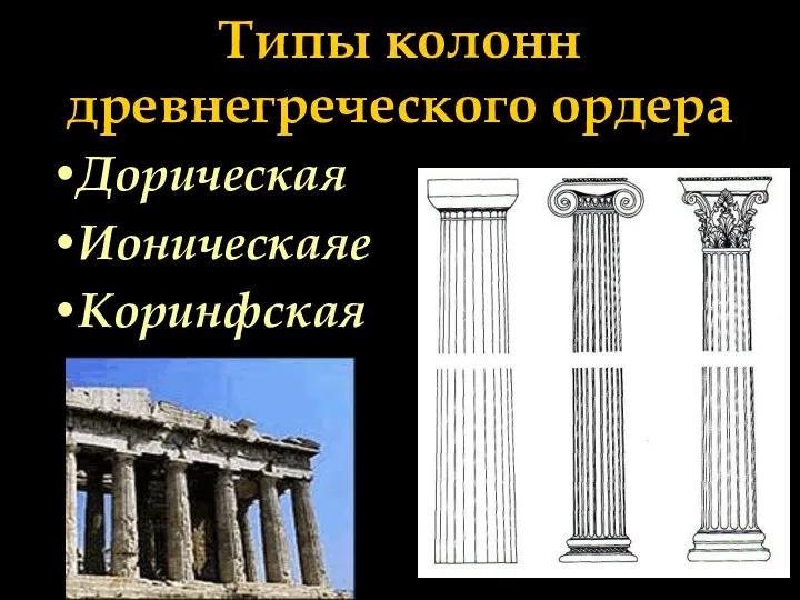 Типы колонн древнегреческого ордера Дорическая Ионическаяе Коринфская