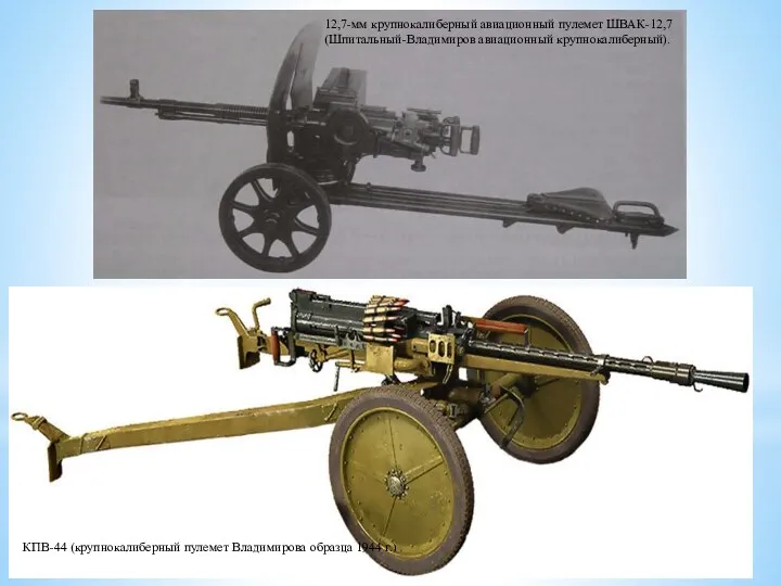 12,7-мм крупнокалиберный авиационный пулемет ШВАК-12,7 (Шпитальный-Владимиров авиационный крупнокалиберный). КПВ-44 (крупнокалиберный пулемет Владимирова образца 1944 г.)