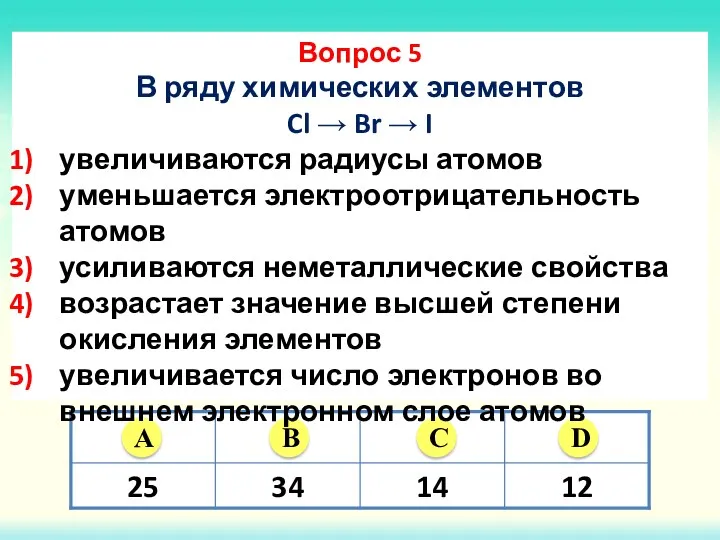 Вопрос 5 В ряду химических элементов Cl → Br →