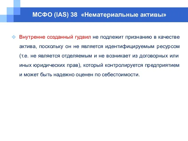 МСФО (IAS) 38 «Нематериальные активы» Внутренне созданный гудвил не подлежит