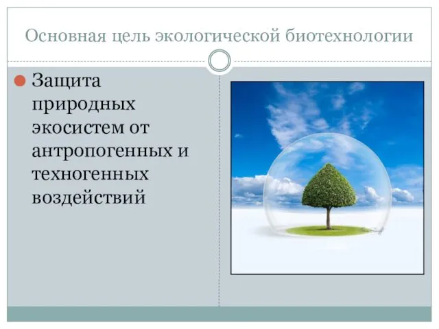 Основная цель экологической биотехнологии Защита природных экосистем от антропогенных и техногенных воздействий