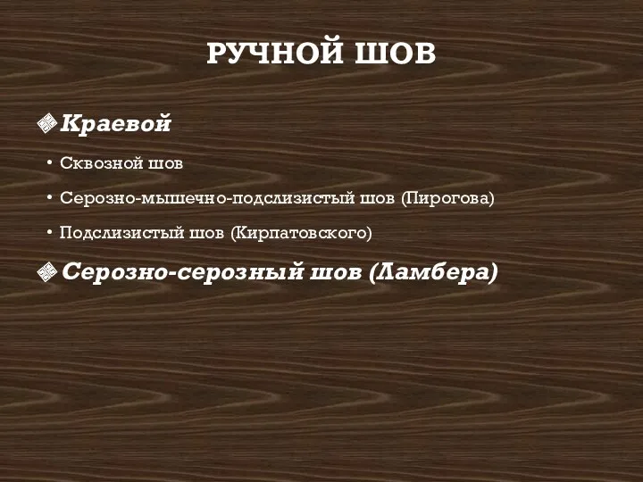 РУЧНОЙ ШОВ Краевой Сквозной шов Серозно-мышечно-подслизистый шов (Пирогова) Подслизистый шов (Кирпатовского) Серозно-серозный шов (Ламбера)