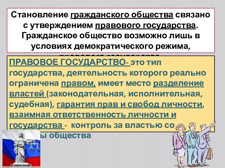 Становление гражданского общества связано с утверждением правового государства. Гражданское общество возможно лишь в