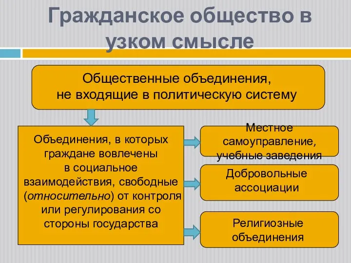 Гражданское общество в узком смысле Общественные объединения, не входящие в