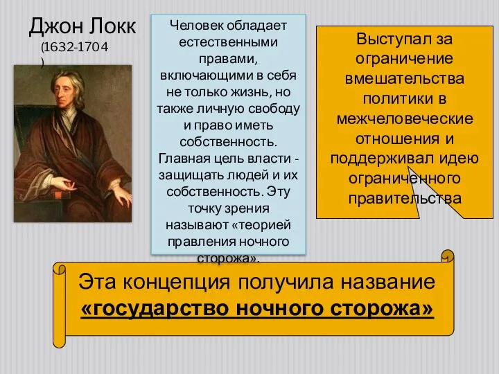 Джон Локк Выступал за ограничение вмешательства политики в межчеловеческие отношения и поддерживал идею