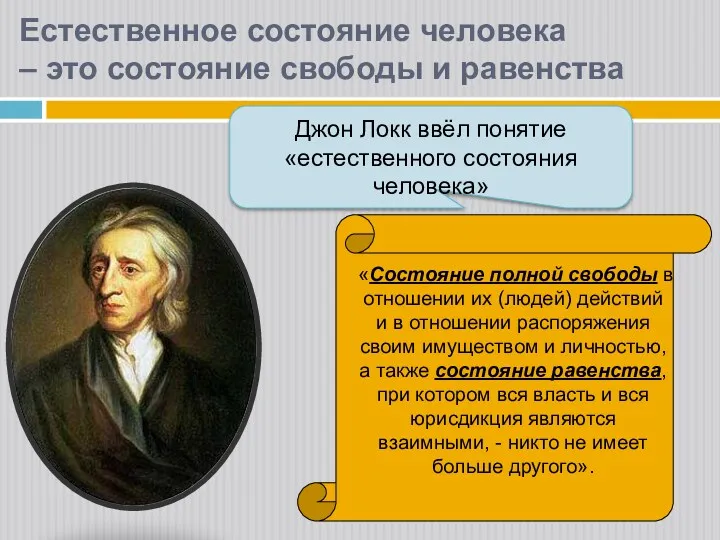 Джон Локк ввёл понятие «естественного состояния человека» «Состояние полной свободы в отношении их