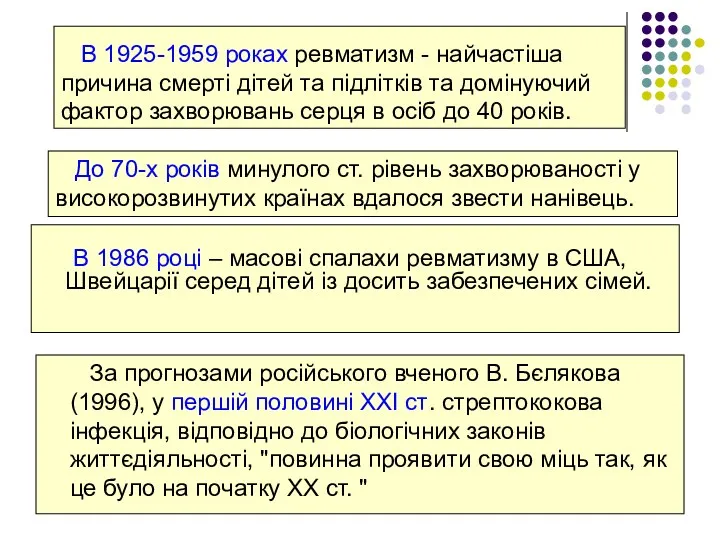 В 1925-1959 роках ревматизм - найчастіша причина смерті дітей та