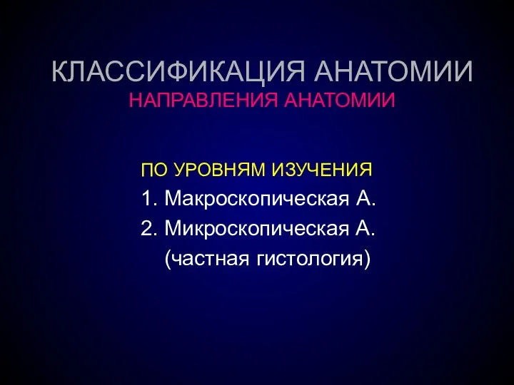 КЛАССИФИКАЦИЯ АНАТОМИИ НАПРАВЛЕНИЯ АНАТОМИИ ПО УРОВНЯМ ИЗУЧЕНИЯ 1. Макроскопическая А. 2. Микроскопическая А. (частная гистология)