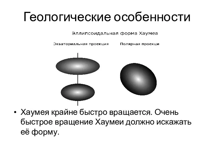 Геологические особенности Хаумея крайне быстро вращается. Очень быстрое вращение Хаумеи должно искажать её форму.