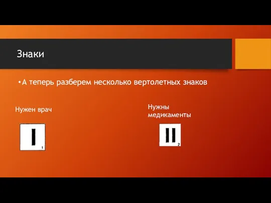 Знаки А теперь разберем несколько вертолетных знаков Нужен врач Нужны медикаменты