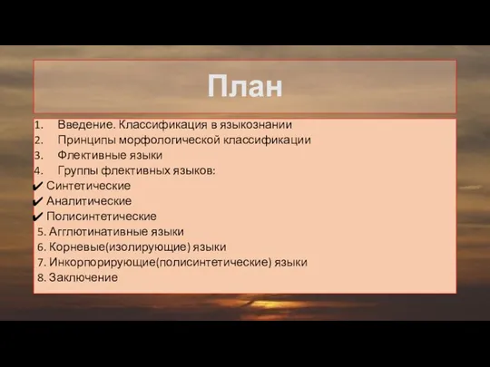 План Введение. Классификация в языкознании Принципы морфологической классификации Флективные языки