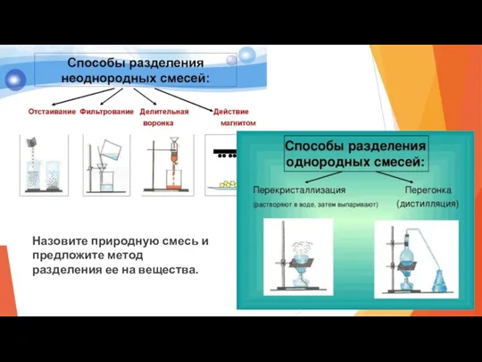 Назовите природную смесь и предложите метод разделения ее на вещества.