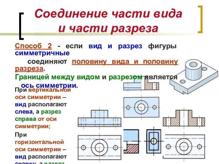 Соединение части вида и части разреза При вертикальной оси симметрии