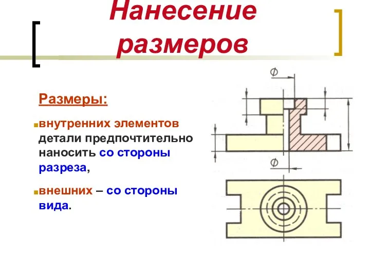 Нанесение размеров Размеры: внутренних элементов детали предпочтительно наносить со стороны разреза, внешних – со стороны вида.