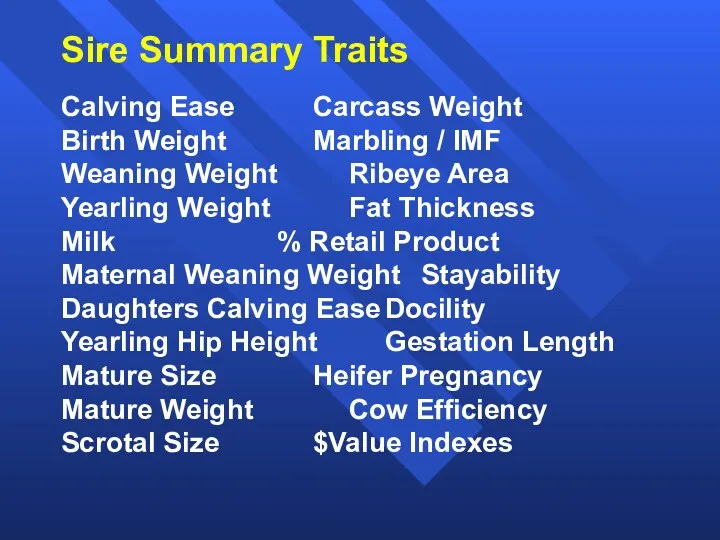 Sire Summary Traits Calving Ease Carcass Weight Birth Weight Marbling / IMF Weaning