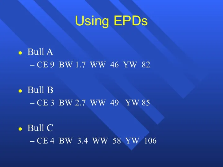 Using EPDs Bull A CE 9 BW 1.7 WW 46 YW 82 Bull