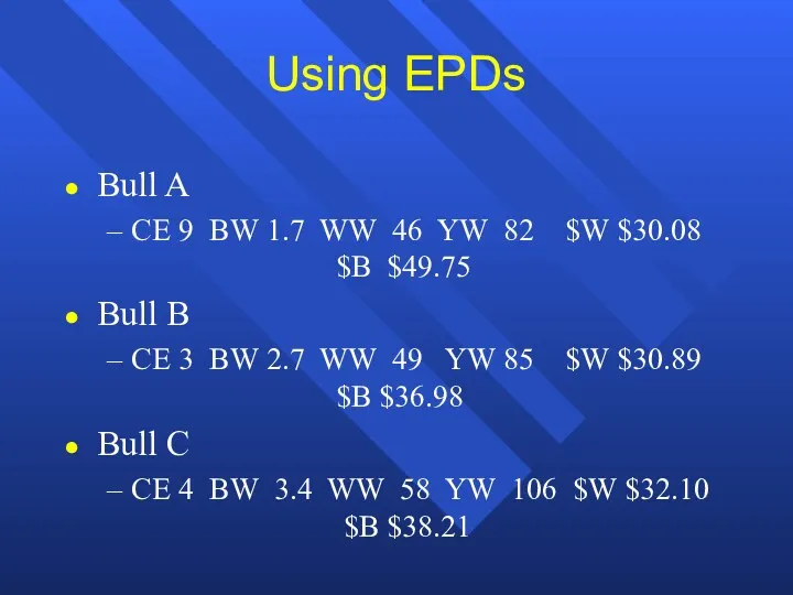 Using EPDs Bull A CE 9 BW 1.7 WW 46 YW 82 $W