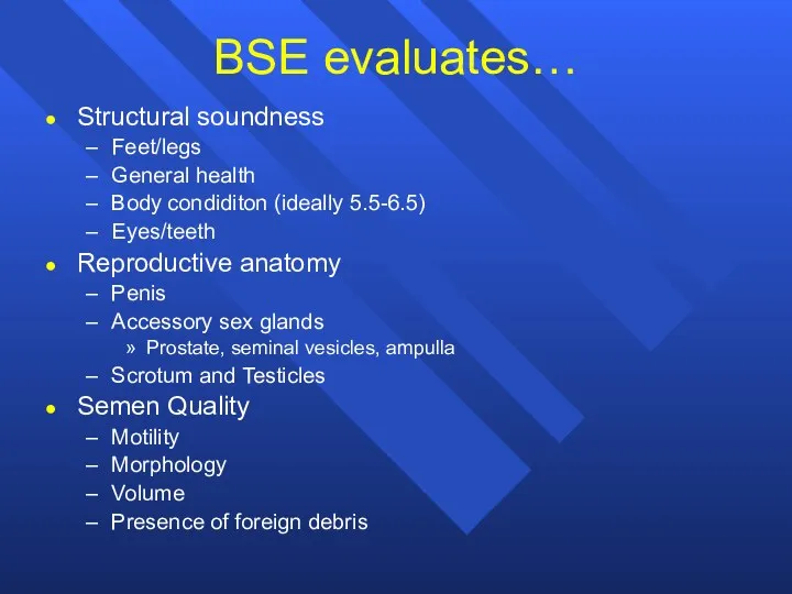 BSE evaluates… Structural soundness Feet/legs General health Body condiditon (ideally 5.5-6.5) Eyes/teeth Reproductive