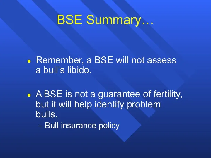 BSE Summary… Remember, a BSE will not assess a bull’s libido. A BSE