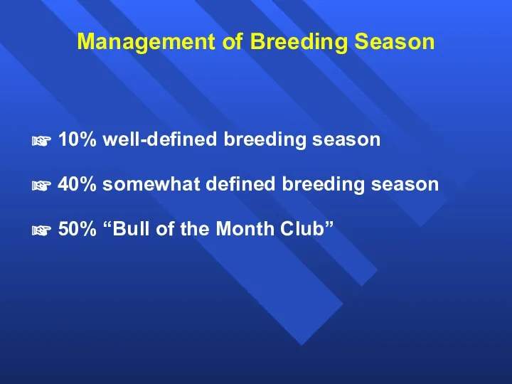 Management of Breeding Season 10% well-defined breeding season 40% somewhat defined breeding season