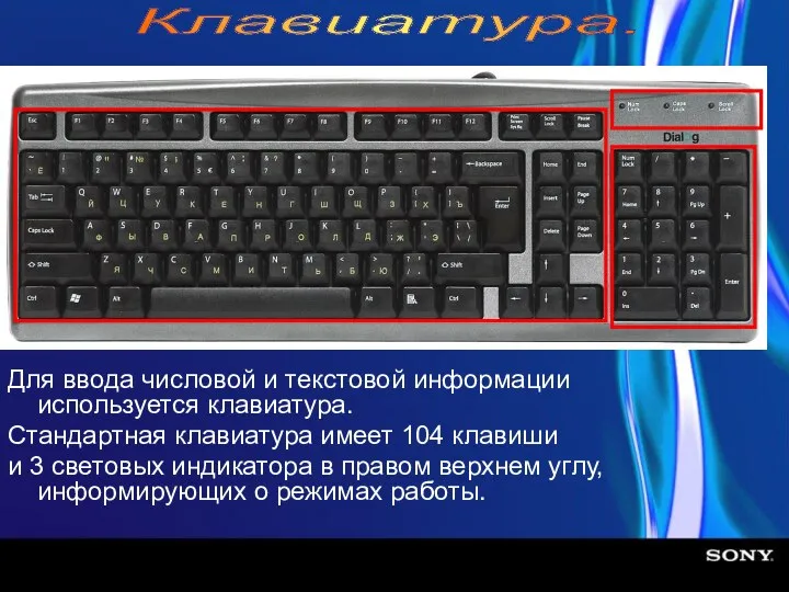 Для ввода числовой и текстовой информации используется клавиатура. Стандартная клавиатура