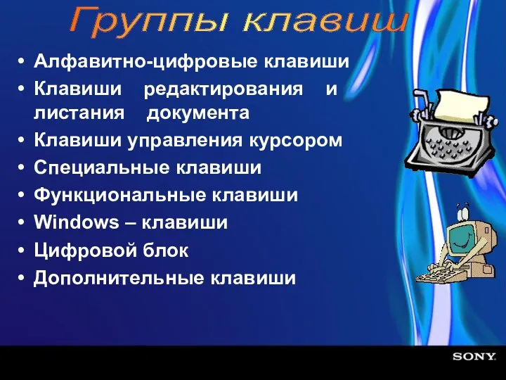 Алфавитно-цифровые клавиши Клавиши редактирования и листания документа Клавиши управления курсором