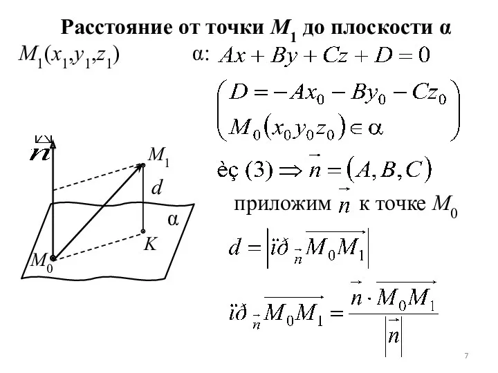 Расстояние от точки М1 до плоскости α М1(x1,y1,z1) α: приложим